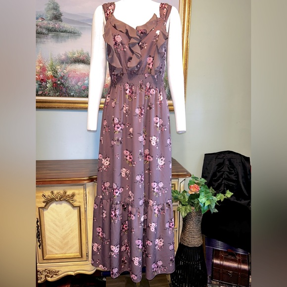 LC Lauren Conrad Dresses & Skirts - Lauren Conrad Long Pink Plum Purple Floral Chiffon Ruffle Sleeveless Maxi  Dress